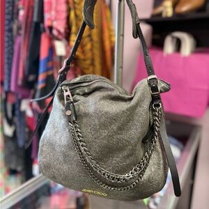 Jimmy Choo Metallic Gray Shoulder Bag with Chain Detail
